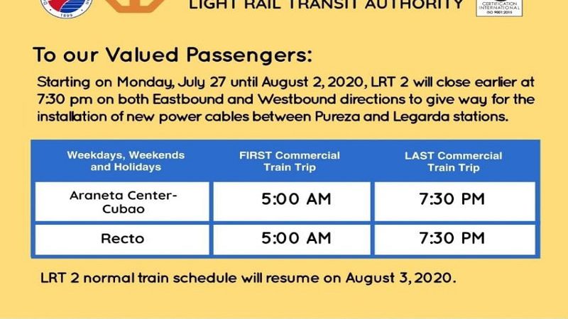 Shortened operations ipatutupad sa LRT-2 sa susunod na linggo