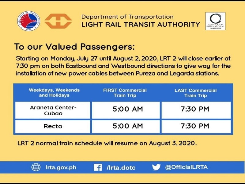 Shortened operations ipatutupad sa LRT-2 sa susunod na linggo