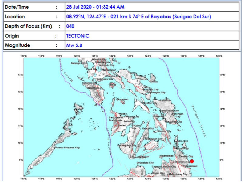 Magnitude 5.8 na lindol tumama sa Surigao del Sur