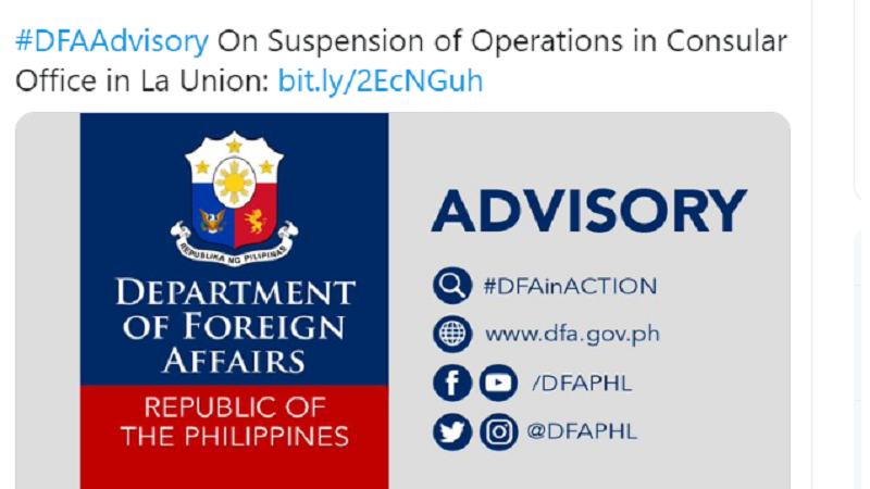 Operasyon ng Consular Office ng DFA sa La Union suspendido ng isang linggo