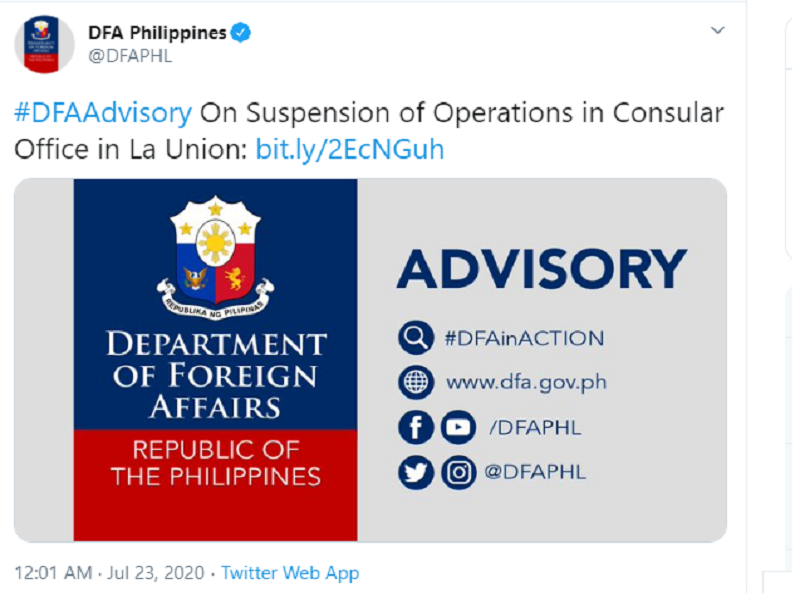 Operasyon ng Consular Office ng DFA sa La Union suspendido ng isang linggo