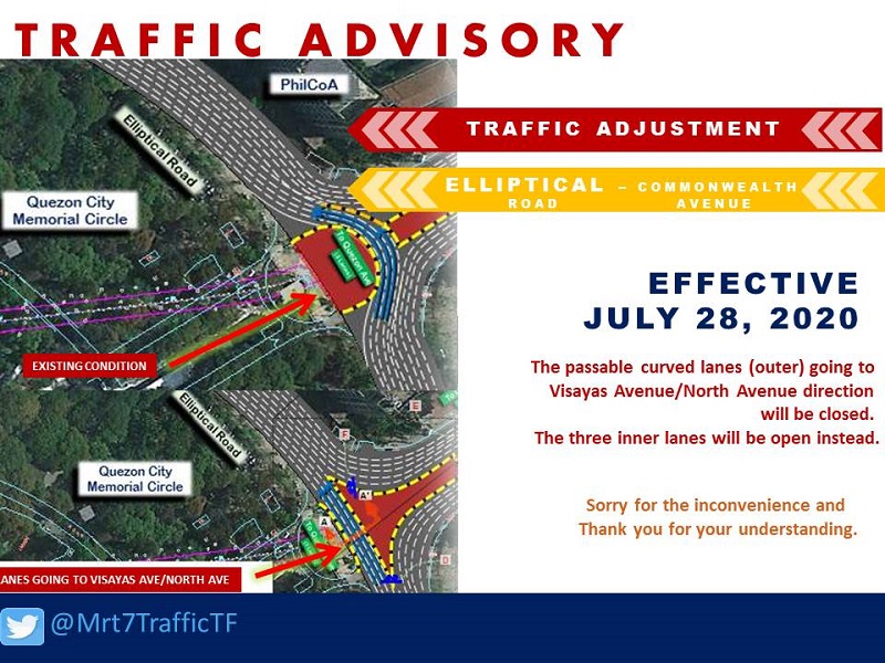 TRAFFIC ADVISORY: Outer curved lanes Elliptical Rd. patungong Visayas at North Ave., isasara simula July 28