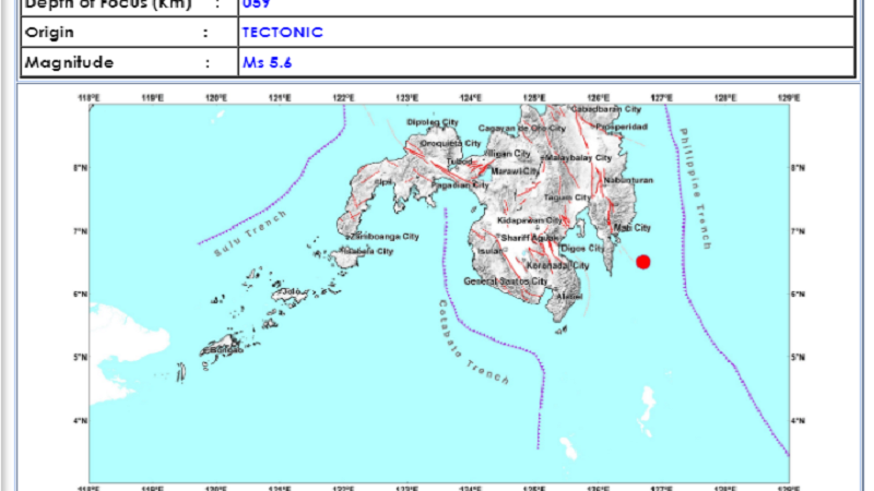 Manay, Davao Oriental niyanig ng magnitude 5.6 na lindol