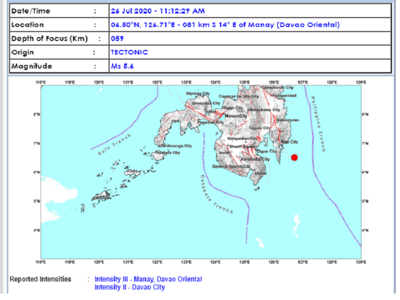 Manay, Davao Oriental niyanig ng magnitude 5.6 na lindol