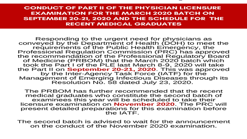 Physician Licensure exams sa Setyembre itutuloy na ng PRC