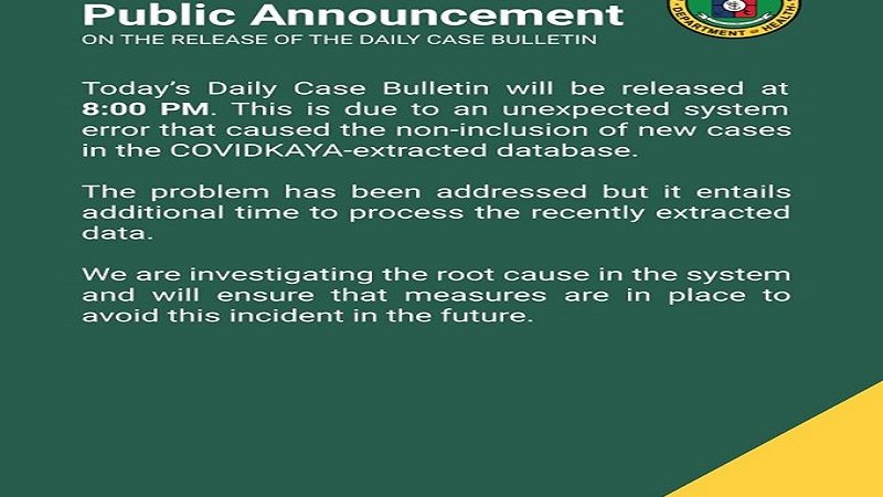 DOH nakaranas ng system error sa database; paglalabas ng COVID-19 case bulletin sa made-delay