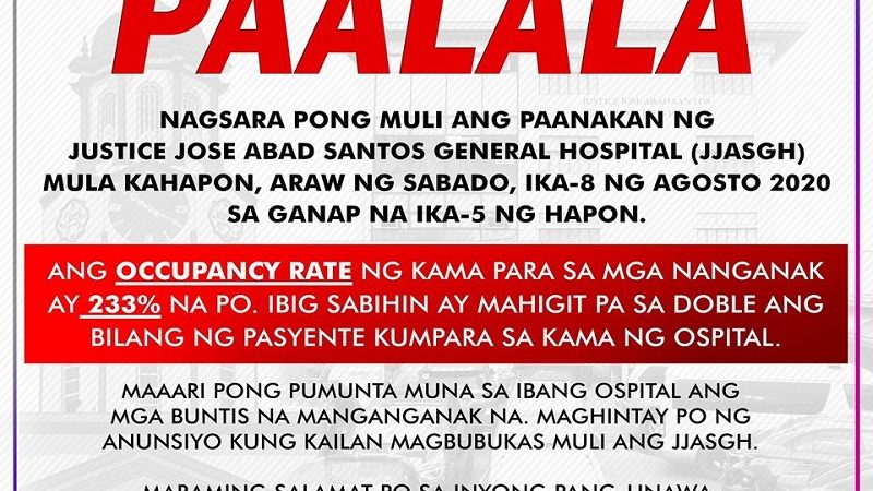 Mga buntis at manganganak na, hindi muna tatanggapin sa Justice Jose Abad Santos General Hospital sa Maynila