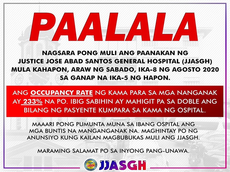 Mga buntis at manganganak na, hindi muna tatanggapin sa Justice Jose Abad Santos General Hospital sa Maynila