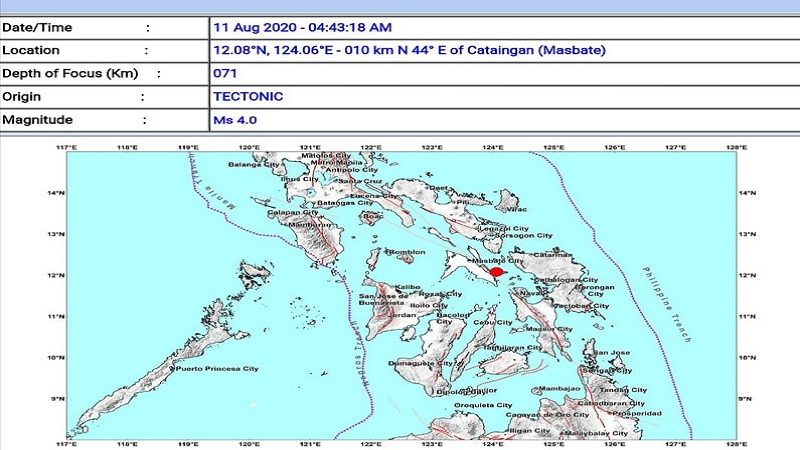 Cataingan, Masbate niyanig ng magnitude 4.0 na lindol