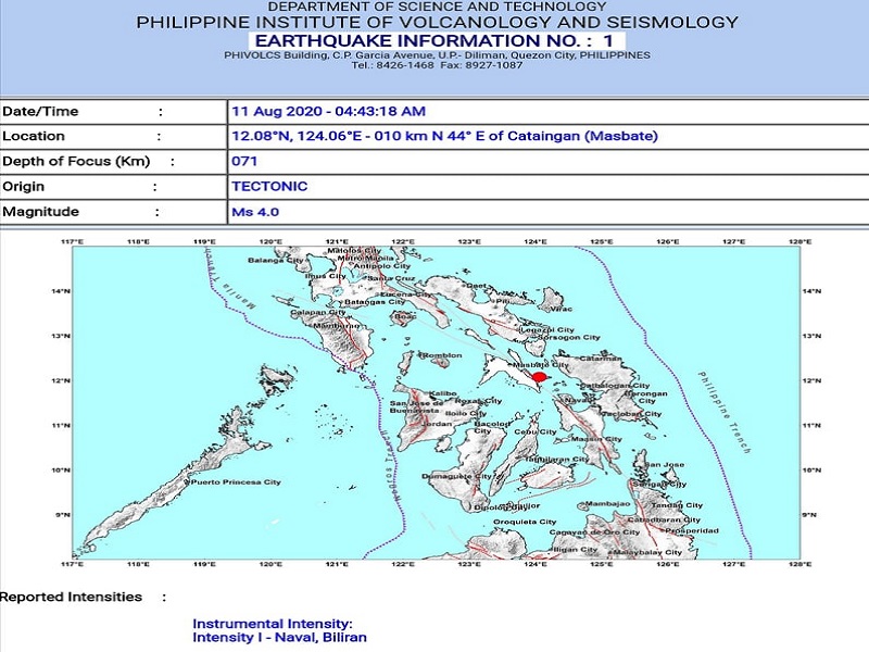 Cataingan, Masbate niyanig ng magnitude 4.0 na lindol