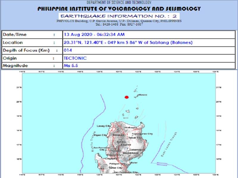 Sabtang, Batanes niyanig ng magnitude 5.5 na lindol