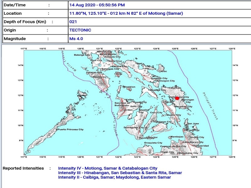 Motiong, Samar niyanig ng M4.0 na lindol