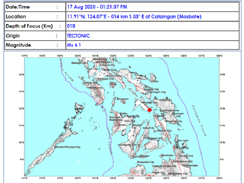 Cataingan, Masbate niyanig ng magnitude 4.1 na lindol