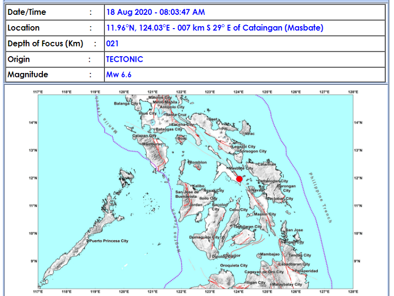 Magnitude 6.6 na lindol tumama sa Masbate; pagyanig naramdaman hanggang sa Visayas