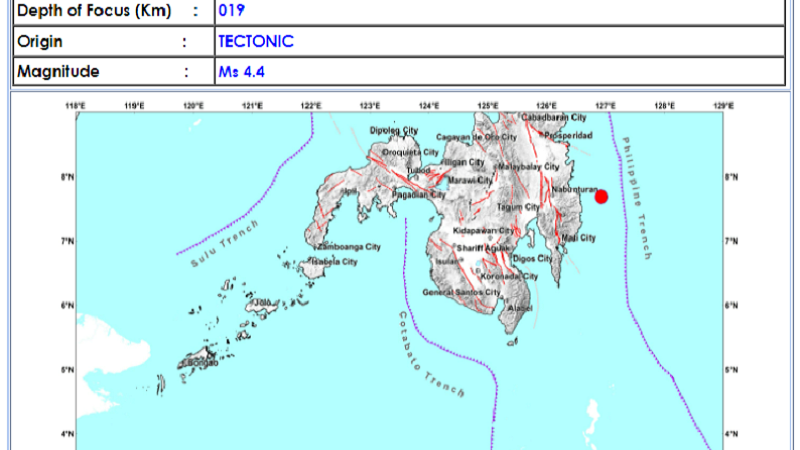 Magnitude 4.4 na lindol tumama sa Baganga, Davao Oriental