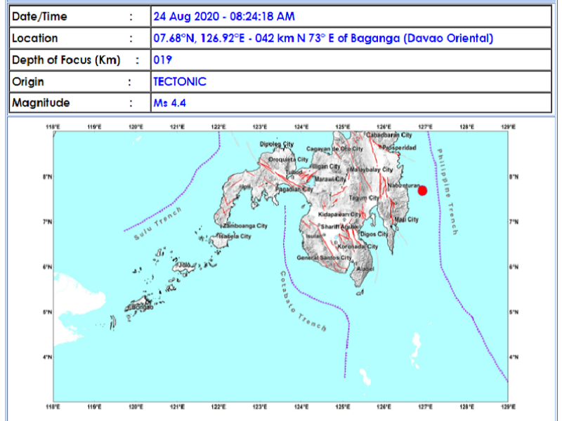 Magnitude 4.4 na lindol tumama sa Baganga, Davao Oriental