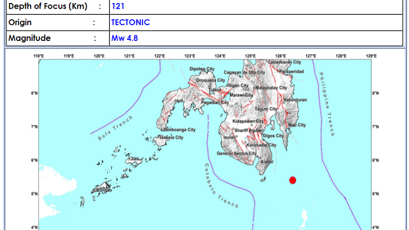 Magnitude 4.8 na lindol tumama sa Sarangani, Davao Occidental