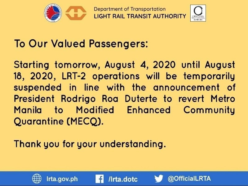 BASAHIN: LRT-2 nag-abiso na tigil-operasyon simula bukas, Aug. 4