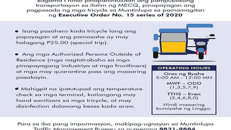 Operasyon ng tricycle papayagan sa Muntinlupa City sa ilalim ng pag-iral ng MECQ