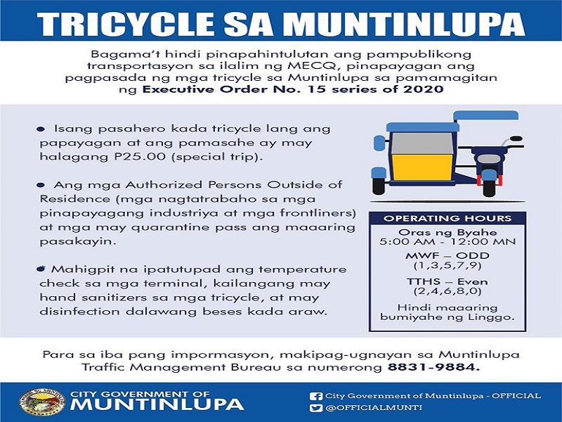 Operasyon ng tricycle papayagan sa Muntinlupa City sa ilalim ng pag-iral ng MECQ