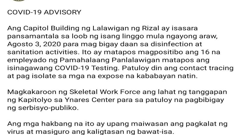 Provincial Capitol Bldg. ng Rizal sasailalim sa isang linggong lockdown; 16 na empleyado nagpositibo sa COVID-19