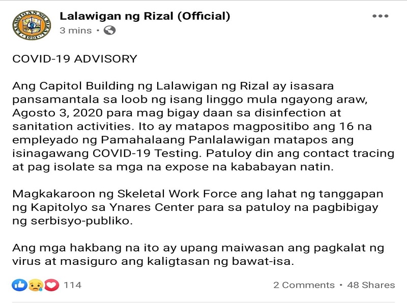 Provincial Capitol Bldg. ng Rizal sasailalim sa isang linggong lockdown; 16 na empleyado nagpositibo sa COVID-19