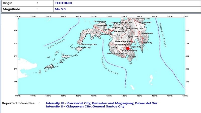 Magnitude 5.0 na lindol tumama sa Davao Del Sur