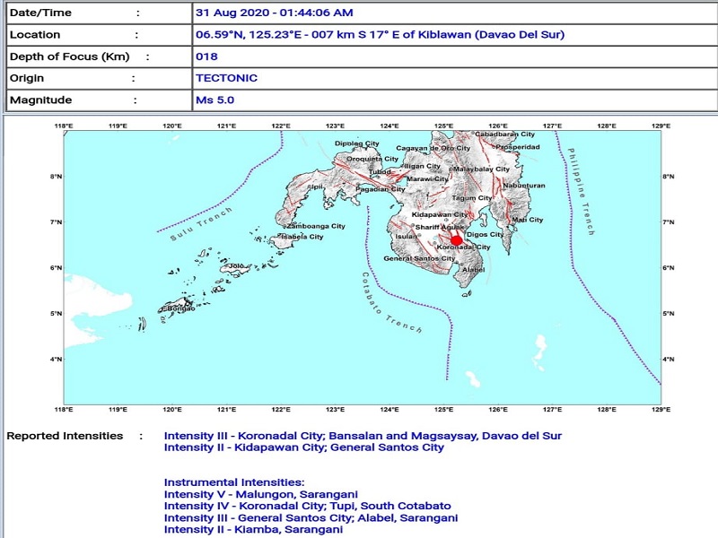 Magnitude 5.0 na lindol tumama sa Davao Del Sur