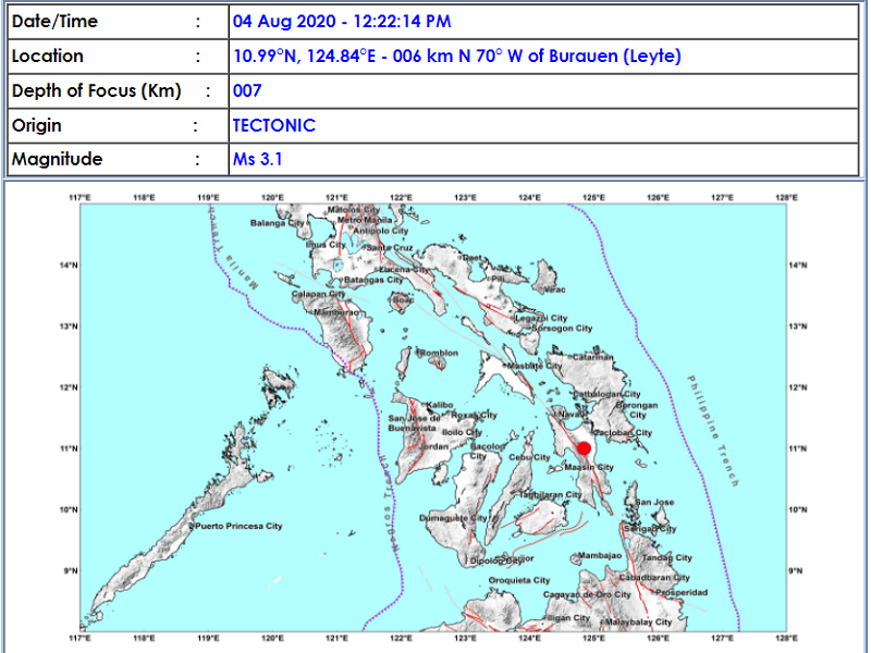 Burauen, Leyte niyanig ng M3.1 na lindol