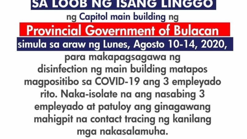 Provincial Capitol Bldg. ng Bulacan sasailalim sa lockdown; tatlong empleyado nagpositibo sa COVID-19