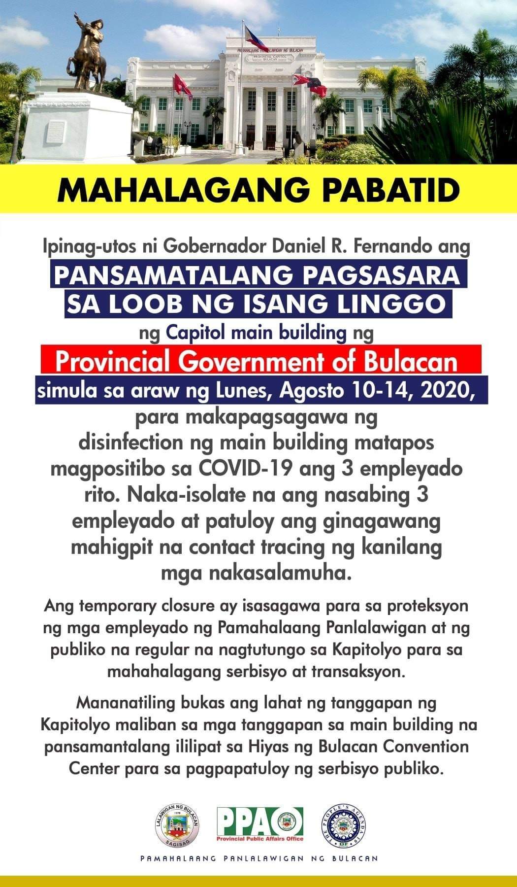 Provincial Capitol Bldg. ng Bulacan sasailalim sa lockdown; tatlong empleyado nagpositibo sa COVID-19