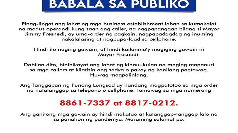 Nagpapanggap na “Mayor Jaime Fresnedi”, umo-order ng pagkain, alak, at humihingi ng load