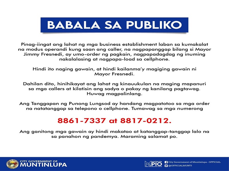 Nagpapanggap na “Mayor Jaime Fresnedi”, umo-order ng pagkain, alak, at humihingi ng load