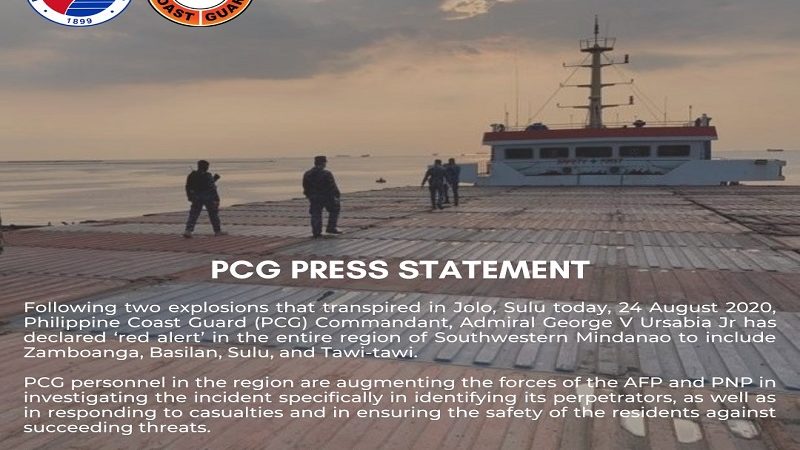 Red alert itinaas sa Coast Guard Southwestern Mindanao matapos ang pagsabog sa Jolo, Sulu