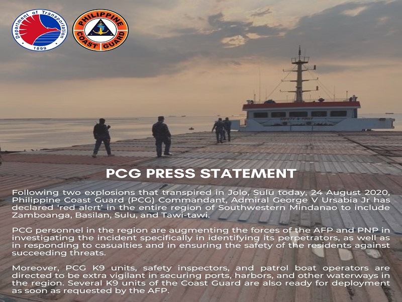 Red alert itinaas sa Coast Guard Southwestern Mindanao matapos ang pagsabog sa Jolo, Sulu