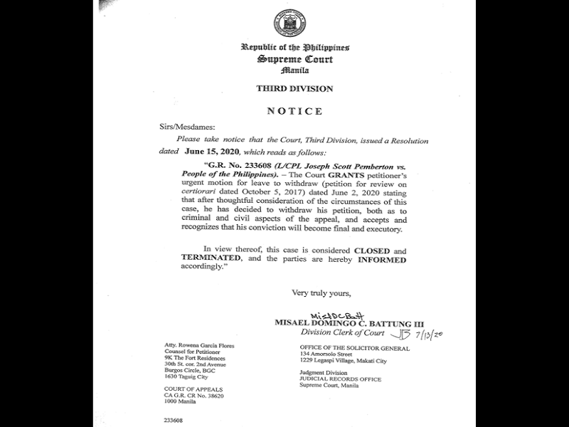 Apela sa kasong pagpatay kay Filipino transgender woman na si Jennifer Laude iniurong na ni US Marine Joseph Scott Pemberton