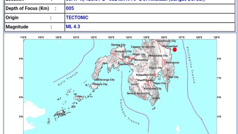 Hinatuan, Surigao del Sur niyanig ng magnitude 4.3 na lindol