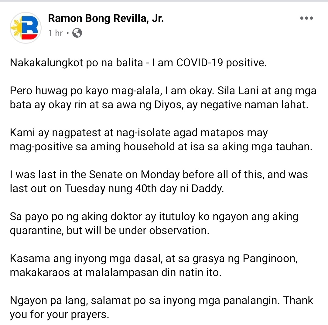 BREAKING: Sen. Bong Revilla Jr. positibo sa COVID-19