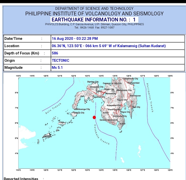 Kalamansig, Sultan Kudarat niyanig ng magnitude 5.1 na lindol