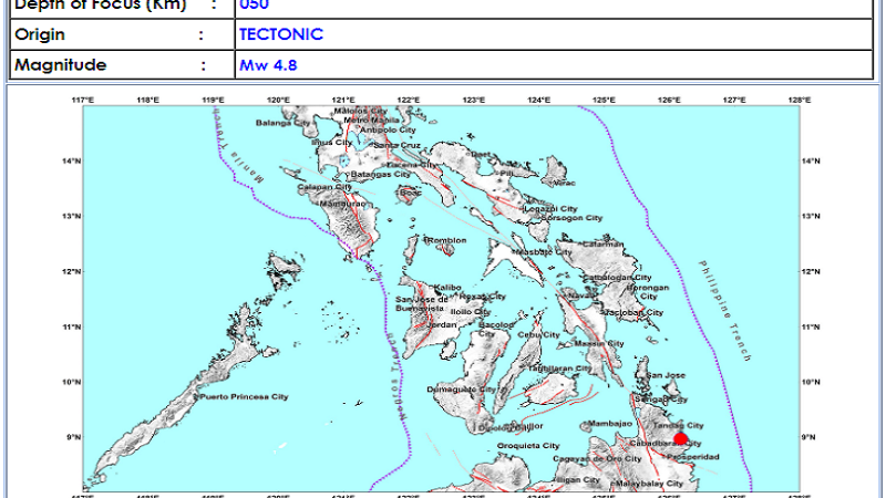 Bayabas, Surigao Del Sur niyanig ng magnitude 4.8 na lindol
