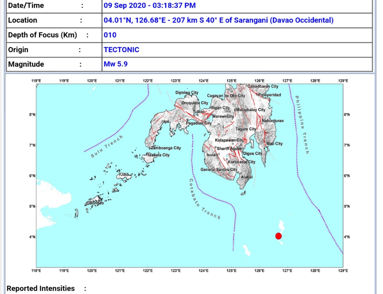 BREAKING:Magnitude 5.9 na lindol tumama sa Davao Occidental