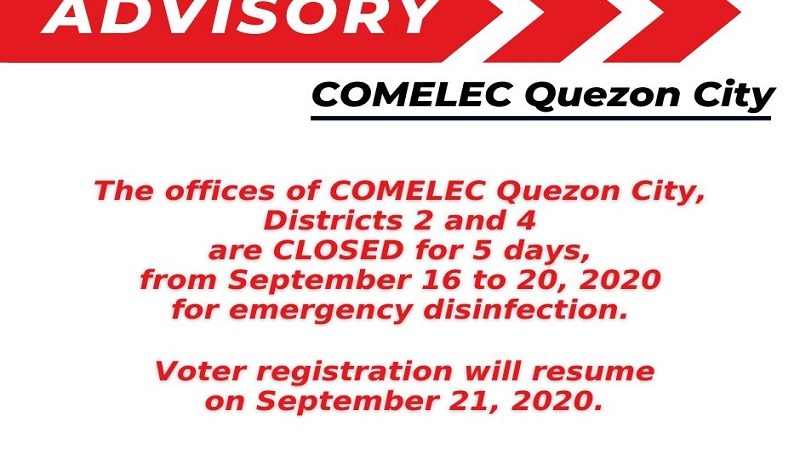 Comelec QC Districts 2 at 4 sarado hanggang Sept. 20