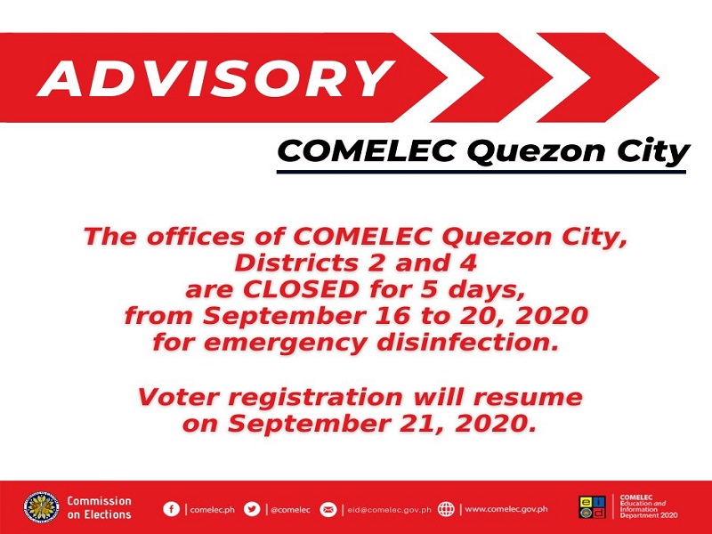 Comelec QC Districts 2 at 4 sarado hanggang Sept. 20