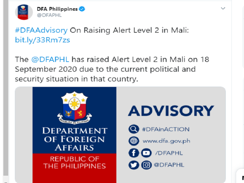 Alert Level 2 itinaas ng DFA sa Mali