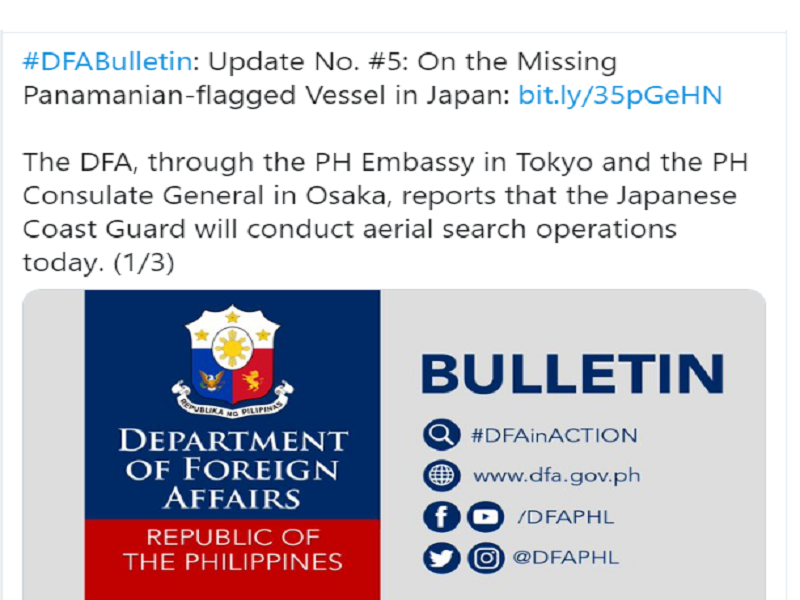 Paghahanap sa mga nawawalang seafarer ng lumubog na cargo ship sa Japan, itutuloy ngayong araw