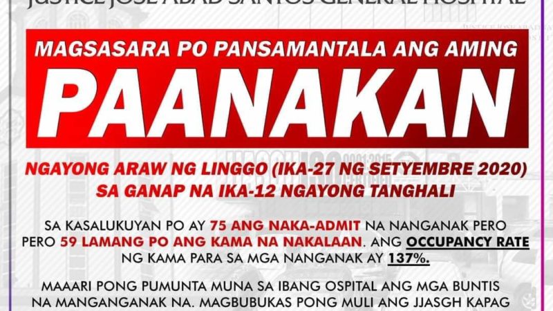 Paanakan ng Justice Jose Abad Santos Hosp., sarado muna