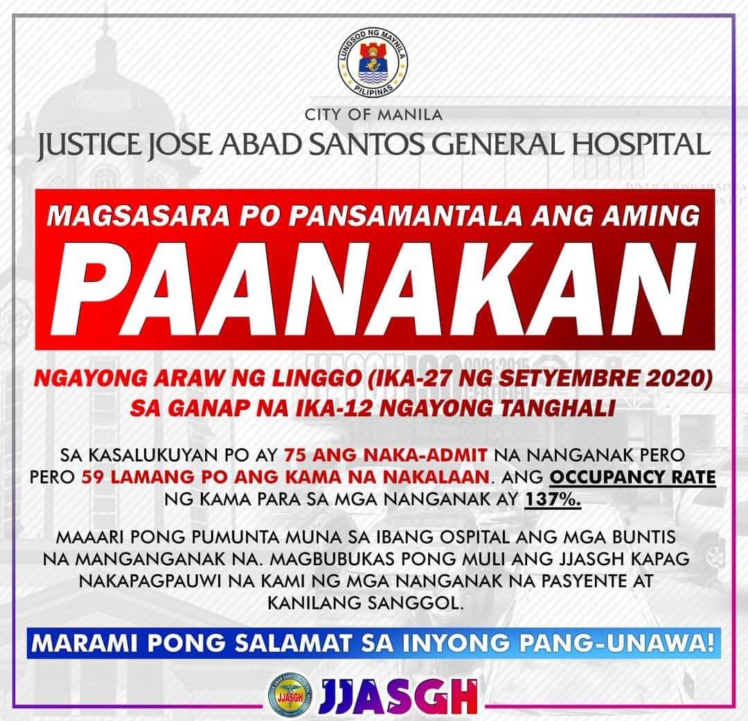 Paanakan ng Justice Jose Abad Santos Hosp., sarado muna