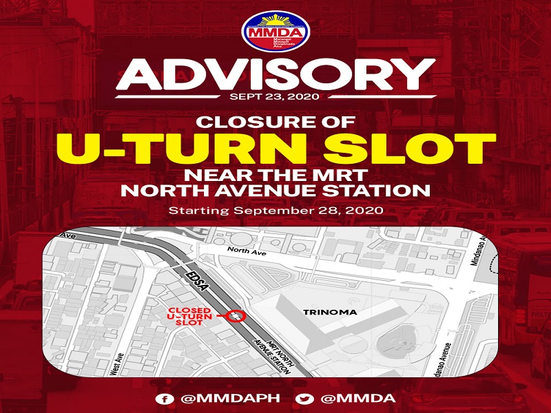 U-turn slot sa EDSA malapit sa MRT North Avenue Station isasara na simula sa Lunes