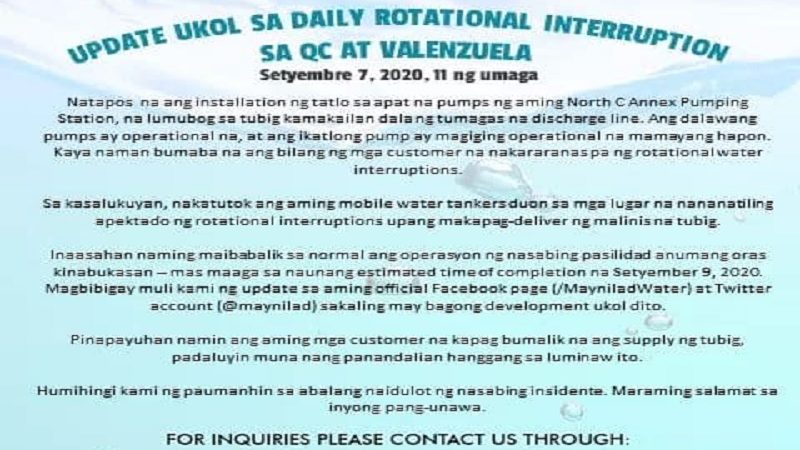 Daily rotational interruption sa Quezon City at Valenzuela