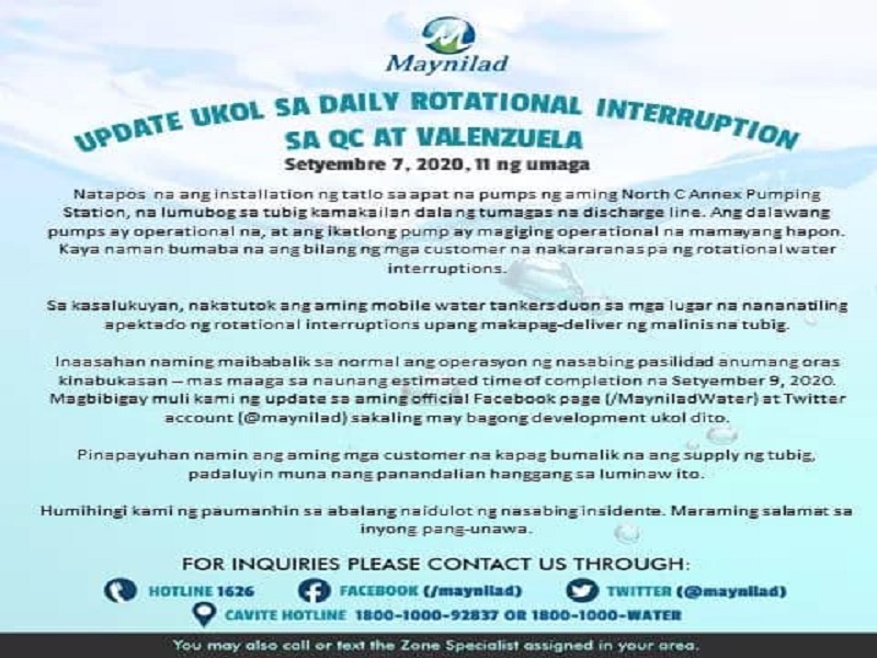 Daily rotational interruption sa Quezon City at Valenzuela